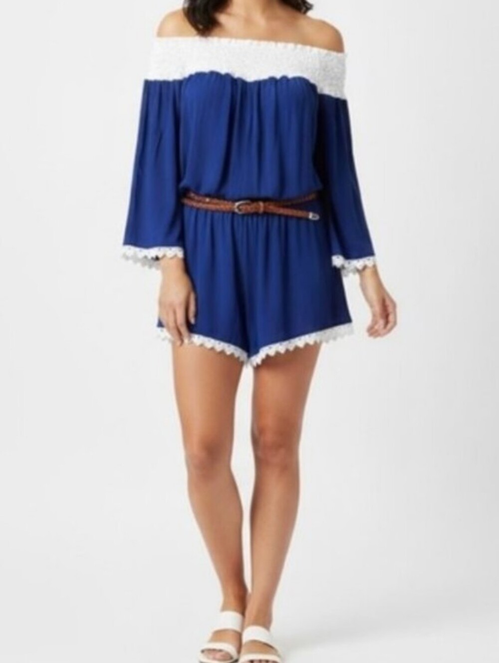 Off Shoulder Boho Romper Flare Sleeves Lace Trim Shorts Blue White One Size